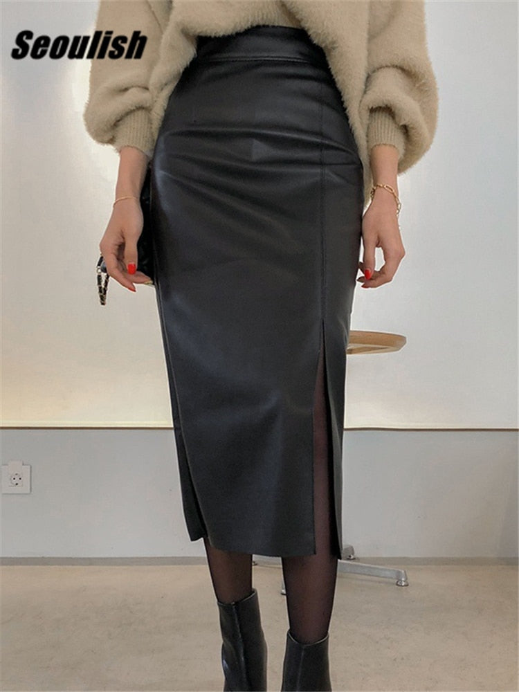 Seoulish Black PU Faxu Leather Women's Wrap Skirts 2022 New Autumn Winter High Waist Front Split Sheath Pencil Skirts Female