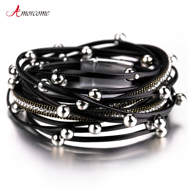 Amorcome Multilayer Metal Beads Charm Leather Bracelets for Women 2022 Trendy Design Double Wrap Bracelets &amp; Bangles Jewelry