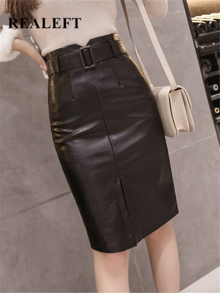 REALEFT 2022 Autumn Winter OL Elegant Pencil Midi Skirts High Waist Black PU Leather Split Sheath Wrap Skirts with Belt Female