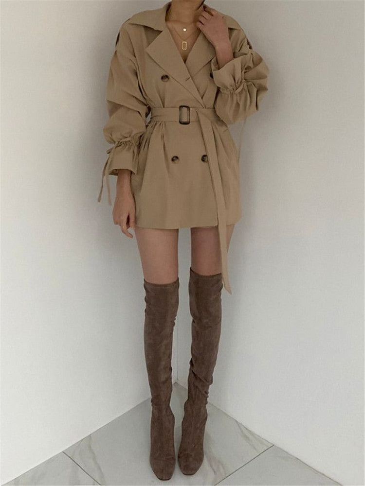 REALEFT 2022 New Autumn Winter Khaki Minimalist Women's Trench Coat Sashes Windbreaker Loose Flare Sleeve Double Breasted Trench