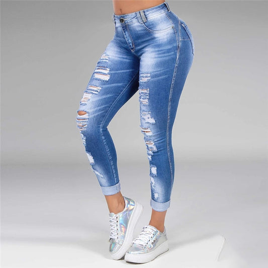 Washed Ripped Jeans Women S-5XL Korean High Waist Trousers Skinny Denim Jeans Black Blue Hollow Bleached Pencil Pants 2022