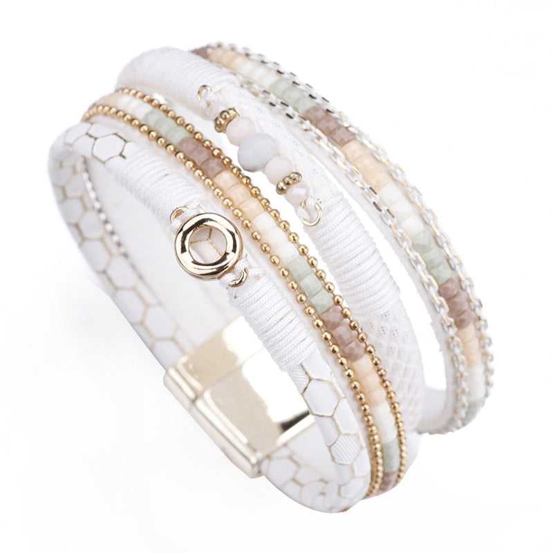 Amorcome White Leather Bracelets for Women Rhinestone Crystal Metal Charm Wide Multilayer Wrap Bracelets &amp; Bangles Jewelry